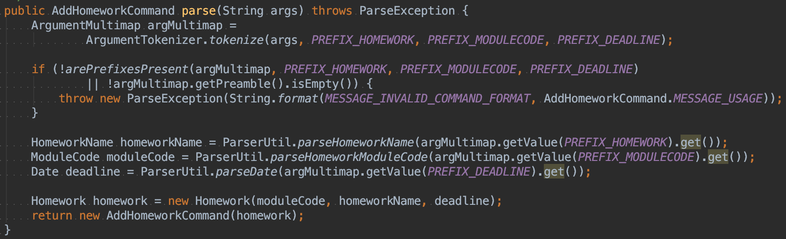 AddHomeworkCommandParser snippet